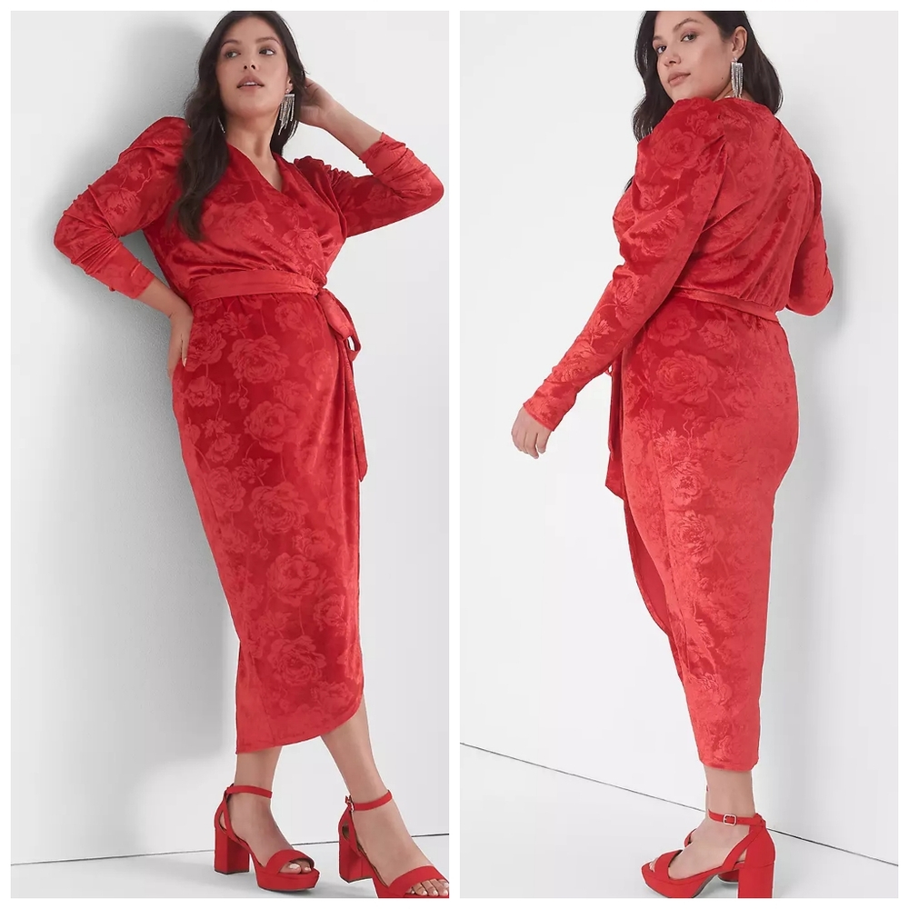 Lane Bryant Red Embossed Velvet Puff-Sleeve Elegant Plus Size Evening Midi Dress
